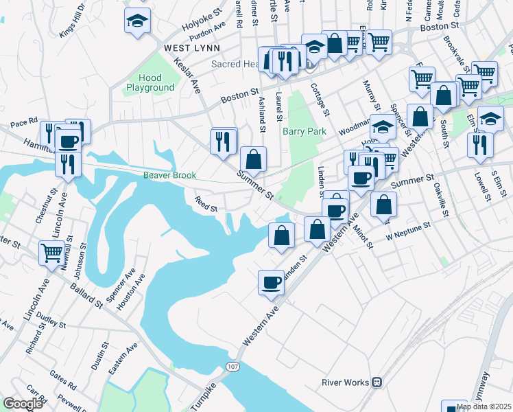 map of restaurants, bars, coffee shops, grocery stores, and more near 21 Margin Street in Lynn