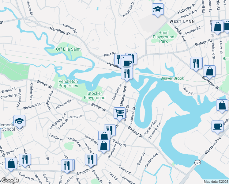 map of restaurants, bars, coffee shops, grocery stores, and more near 64 Chestnut Street in Saugus