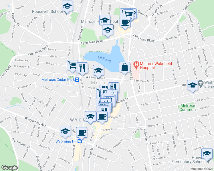 map of restaurants, bars, coffee shops, grocery stores, and more near 26 Winthrop Street in Melrose