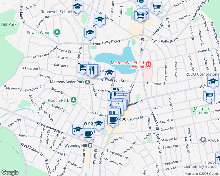map of restaurants, bars, coffee shops, grocery stores, and more near 10 Vine Street in Melrose