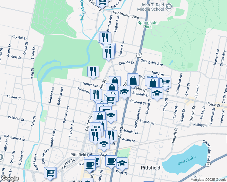 map of restaurants, bars, coffee shops, grocery stores, and more near 631 North Street in Pittsfield