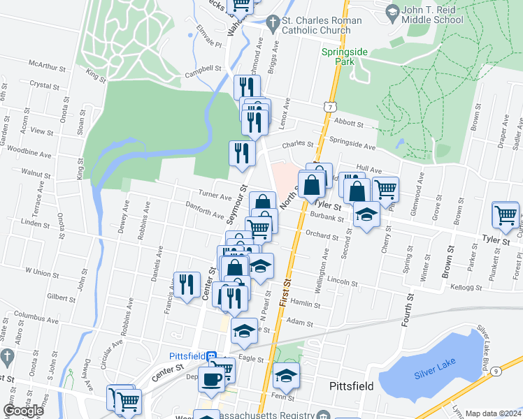map of restaurants, bars, coffee shops, grocery stores, and more near 631 North Street in Pittsfield