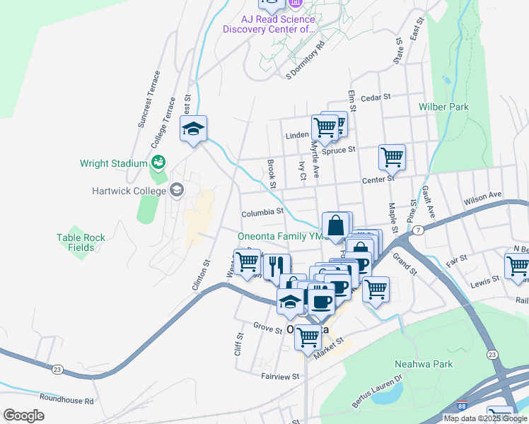 map of restaurants, bars, coffee shops, grocery stores, and more near 19 Birch Street in Oneonta