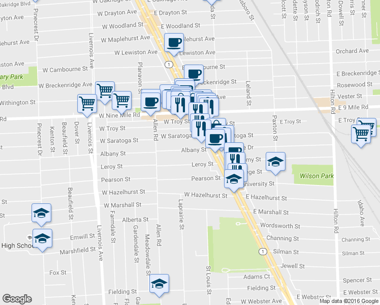 map of restaurants, bars, coffee shops, grocery stores, and more near 224 Leroy Street in Ferndale