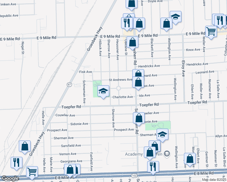 map of restaurants, bars, coffee shops, grocery stores, and more near 13312 Julius Avenue in Warren