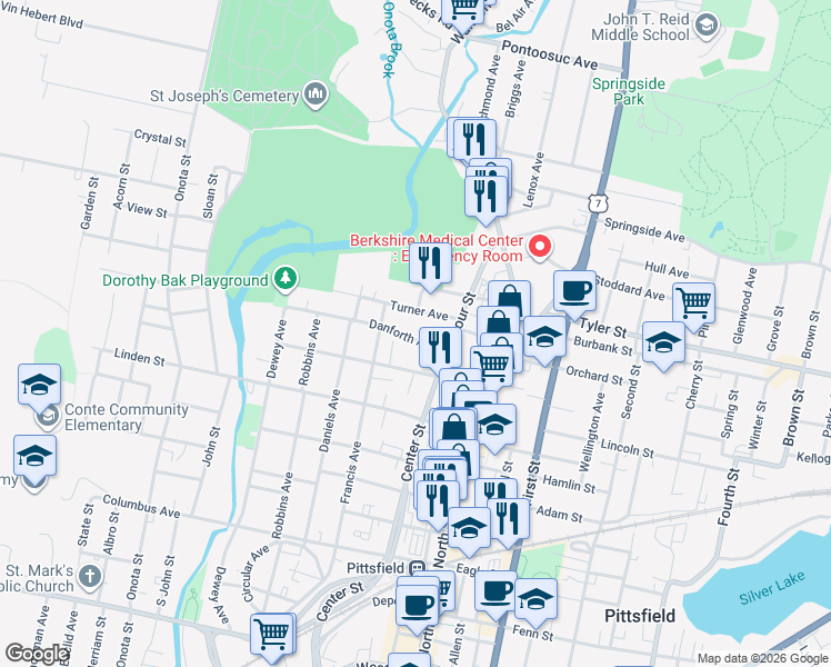 map of restaurants, bars, coffee shops, grocery stores, and more near 23 Danforth Avenue in Pittsfield