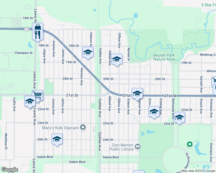 map of restaurants, bars, coffee shops, grocery stores, and more near 2030 Gilead Avenue in Zion