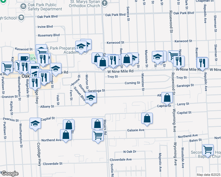 map of restaurants, bars, coffee shops, grocery stores, and more near 10750 Saratoga Street in Oak Park