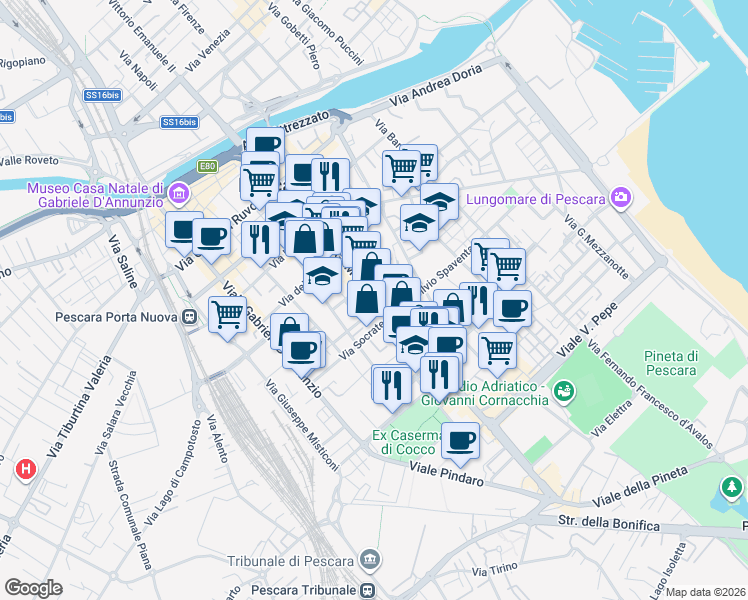 map of restaurants, bars, coffee shops, grocery stores, and more near 184 Viale Guglielmo Marconi in Pescara