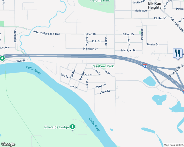 map of restaurants, bars, coffee shops, grocery stores, and more near 1017 1st Avenue in Evansdale