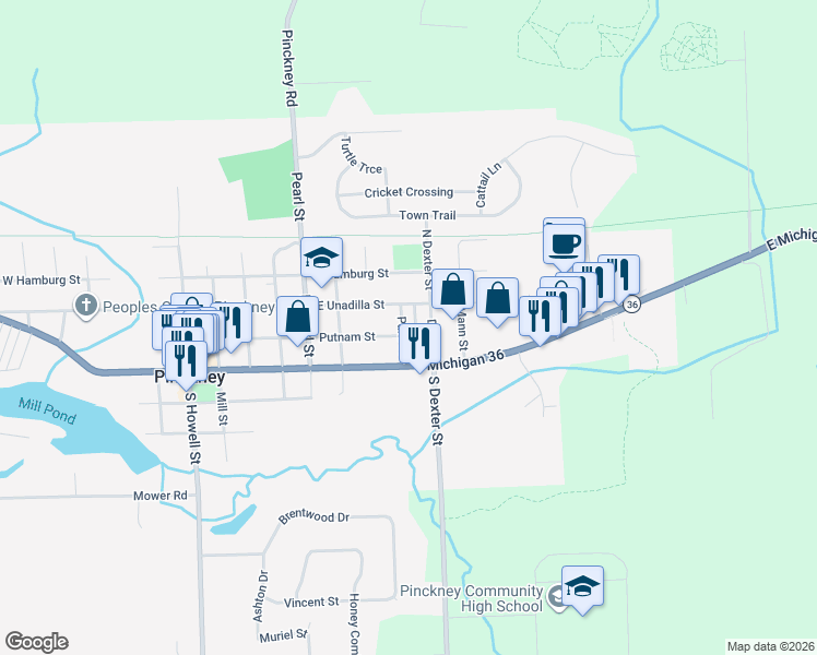 map of restaurants, bars, coffee shops, grocery stores, and more near 851 Dexter in Pinckney