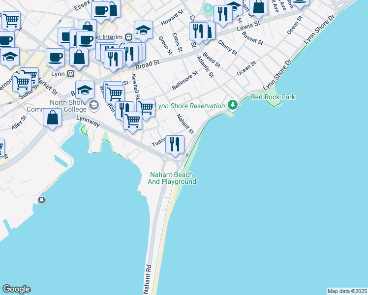 map of restaurants, bars, coffee shops, grocery stores, and more near 21 Beach Road in Lynn