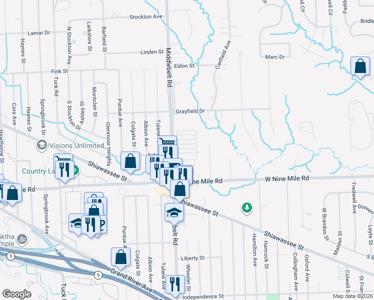 map of restaurants, bars, coffee shops, grocery stores, and more near G St in Farmington Hills