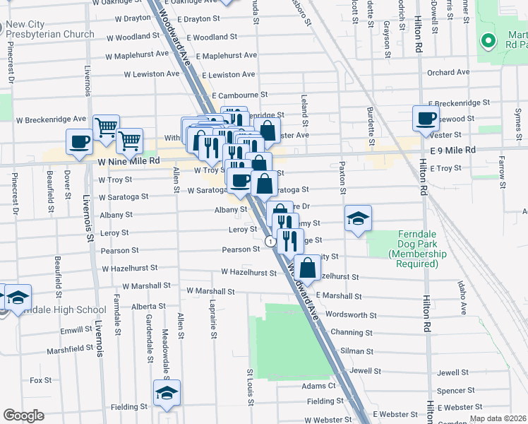map of restaurants, bars, coffee shops, grocery stores, and more near Woodward Ave & Ardmore Dr in Ferndale