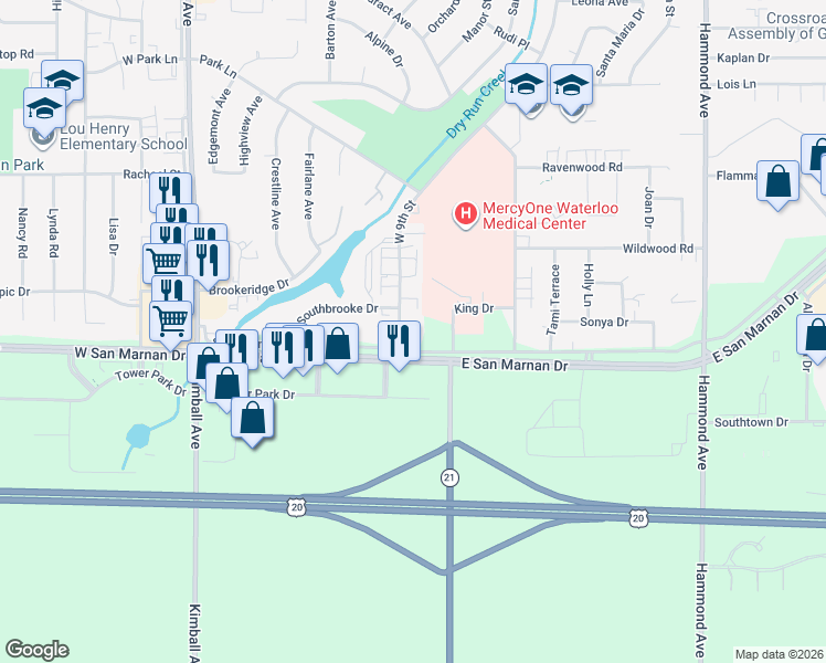 map of restaurants, bars, coffee shops, grocery stores, and more near 400-498 San Marnan Access Drive in Waterloo