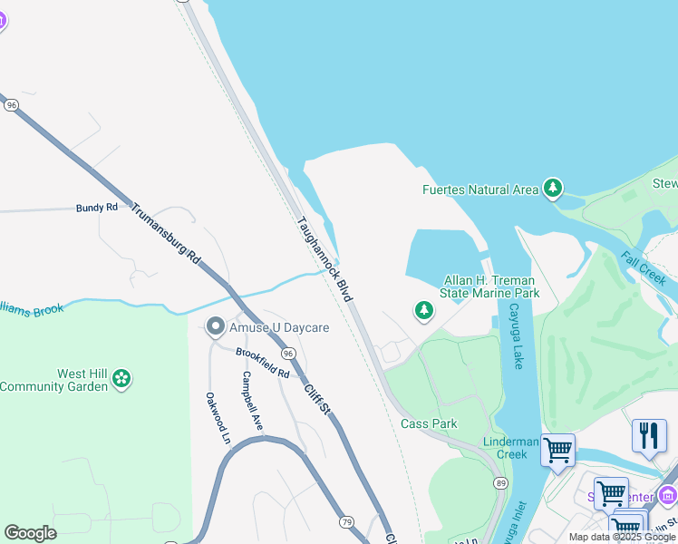 map of restaurants, bars, coffee shops, grocery stores, and more near Cayuga Lake Access Road in Ithaca