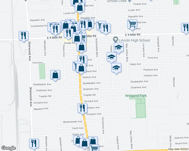 map of restaurants, bars, coffee shops, grocery stores, and more near 8127 Hudson Avenue in Warren