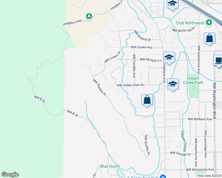 map of restaurants, bars, coffee shops, grocery stores, and more near 1129 Northwest Starlite Place in Grants Pass
