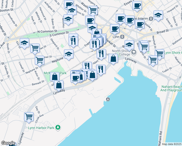 map of restaurants, bars, coffee shops, grocery stores, and more near 377 Lynnway in Lynn