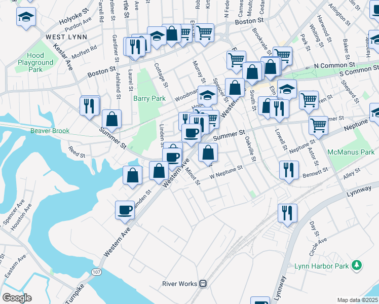 map of restaurants, bars, coffee shops, grocery stores, and more near 870 Western Avenue in Lynn