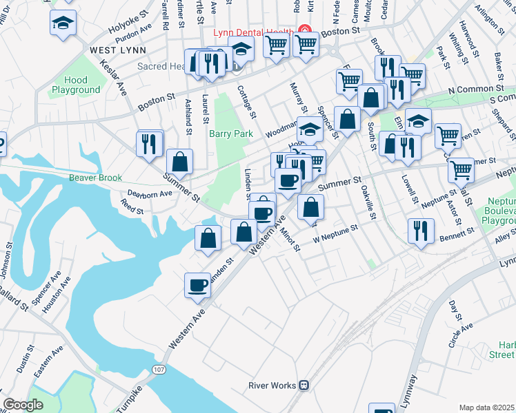 map of restaurants, bars, coffee shops, grocery stores, and more near 12-16 Burns Street in Lynn