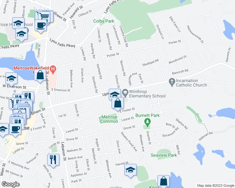 map of restaurants, bars, coffee shops, grocery stores, and more near 175 1st Street in Melrose