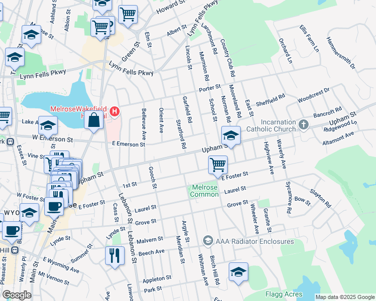 map of restaurants, bars, coffee shops, grocery stores, and more near 203 Upham Street in Melrose