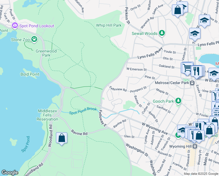 map of restaurants, bars, coffee shops, grocery stores, and more near 300 Fellsview Terrace in Stoneham
