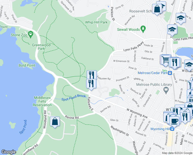 map of restaurants, bars, coffee shops, grocery stores, and more near 300 Fellsview Terrace in Stoneham