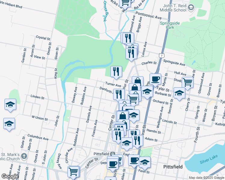 map of restaurants, bars, coffee shops, grocery stores, and more near 23 Danforth Avenue in Pittsfield