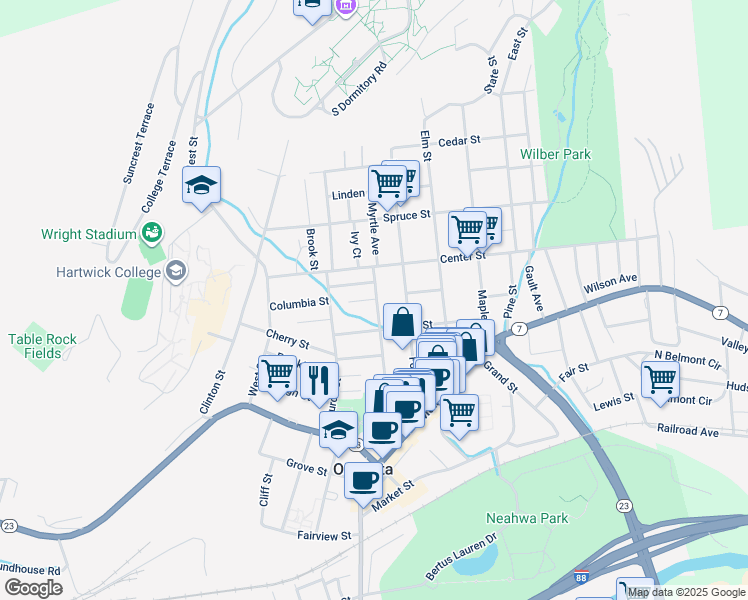 map of restaurants, bars, coffee shops, grocery stores, and more near 58 Dietz Street in Oneonta