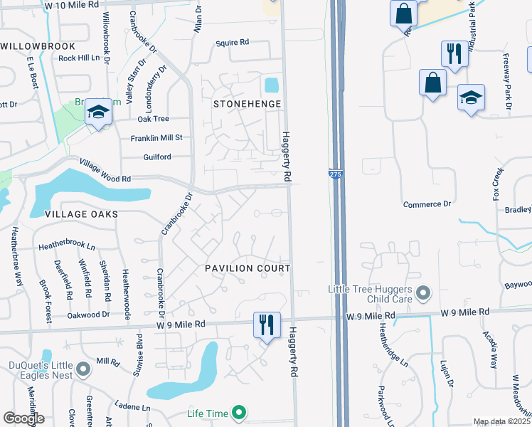 map of restaurants, bars, coffee shops, grocery stores, and more near 22891 Summer House Court in Novi