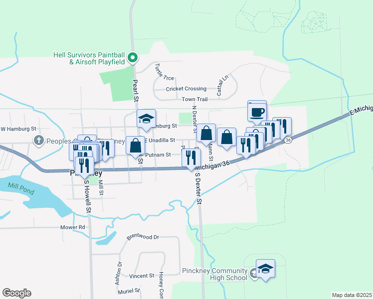 map of restaurants, bars, coffee shops, grocery stores, and more near 851 Dexter in Pinckney