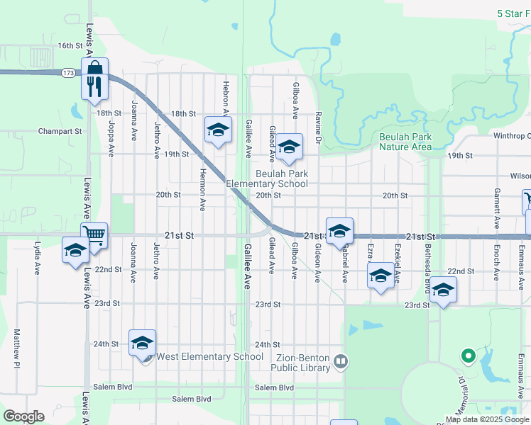 map of restaurants, bars, coffee shops, grocery stores, and more near 2033 Galilee Avenue in Zion