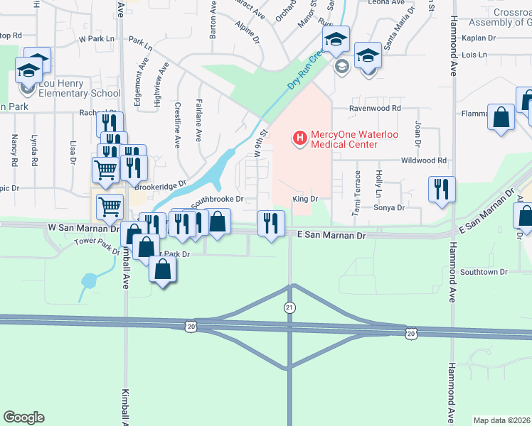 map of restaurants, bars, coffee shops, grocery stores, and more near 400-498 San Marnan Access Drive in Waterloo