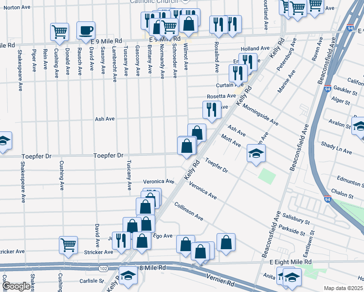 map of restaurants, bars, coffee shops, grocery stores, and more near 21730 Schroeder Avenue in Eastpointe