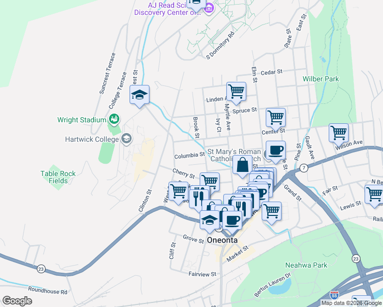 map of restaurants, bars, coffee shops, grocery stores, and more near 19 Birch Street in Oneonta