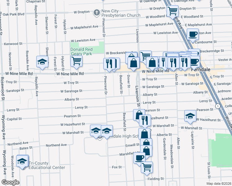 map of restaurants, bars, coffee shops, grocery stores, and more near 1065 Albany Street in Ferndale