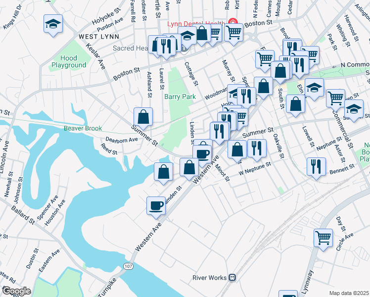 map of restaurants, bars, coffee shops, grocery stores, and more near 638 Summer Street in Lynn