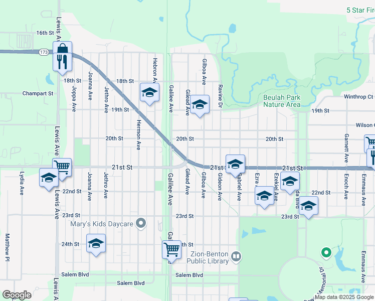 map of restaurants, bars, coffee shops, grocery stores, and more near 2034 Gilead Avenue in Zion
