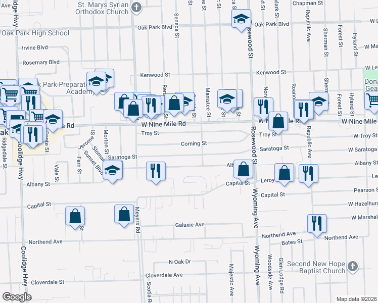 map of restaurants, bars, coffee shops, grocery stores, and more near 10360 Corning Street in Oak Park