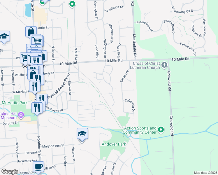 map of restaurants, bars, coffee shops, grocery stores, and more near 205 Maplewood Court in South Lyon