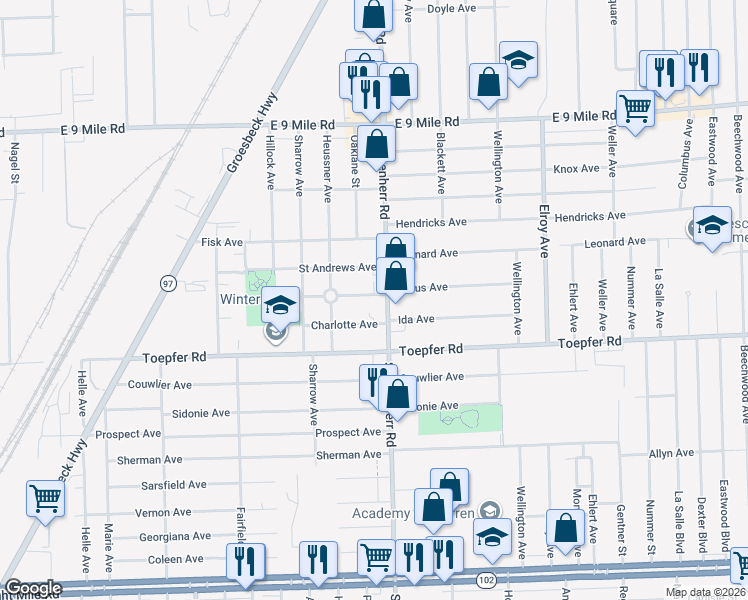 map of restaurants, bars, coffee shops, grocery stores, and more near in Warren
