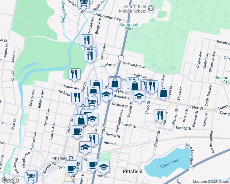 map of restaurants, bars, coffee shops, grocery stores, and more near 317 1st Street in Pittsfield