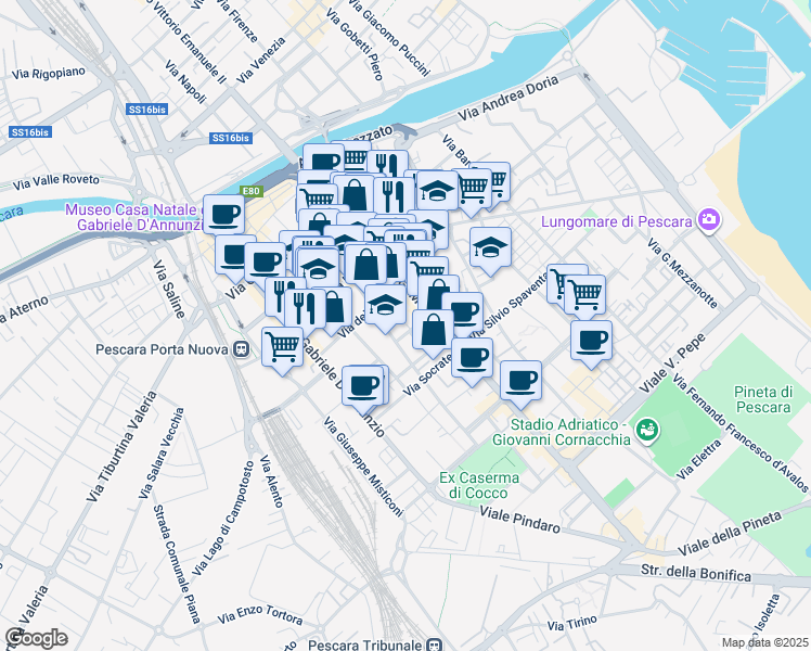 map of restaurants, bars, coffee shops, grocery stores, and more near 15 Via dei Sabini in Pescara