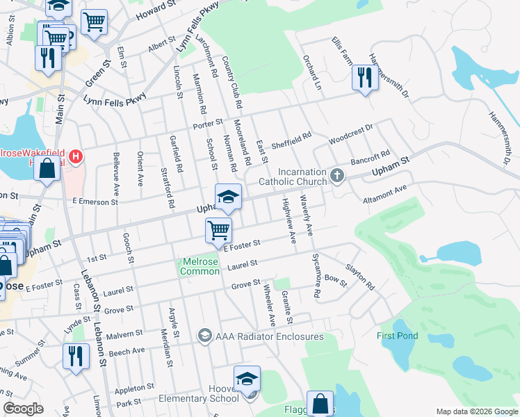 map of restaurants, bars, coffee shops, grocery stores, and more near 332 Upham Street in Melrose