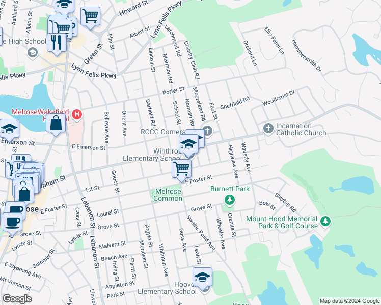 map of restaurants, bars, coffee shops, grocery stores, and more near 15 School Street in Melrose