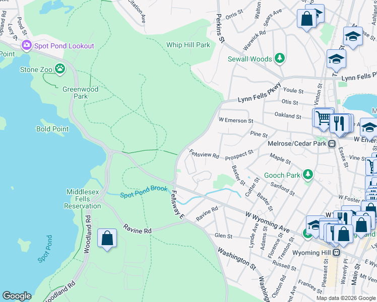 map of restaurants, bars, coffee shops, grocery stores, and more near 38 Lynn Fells Parkway in Stoneham