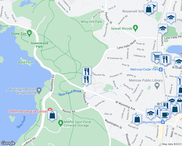 map of restaurants, bars, coffee shops, grocery stores, and more near 38 Lynn Fells Parkway in Stoneham