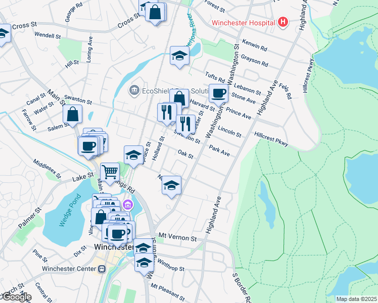 map of restaurants, bars, coffee shops, grocery stores, and more near 11 Swanton Street in Winchester